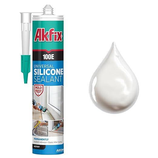 Akfix 100E RTV White Silicone Caulk (1x10.1 fl.oz.) - 100% Waterproof Silicone Sealant for Kitchen and Bathroom, Shower, Toilet, Sink, Window and Door, No Yellowing | White, 1 Pack