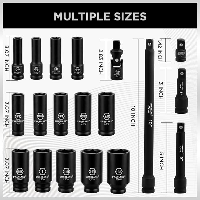 SWANLAKE 19-Piece 1/2" Impact Socket Set, 6 Point Impact Set, SAE (3/8-inch to 1-1/14-inch) Standard Large Socket, CR-V Mechanic Tool Set