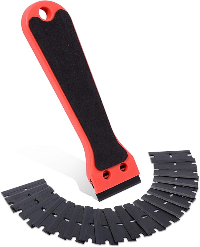 FOSHIO 6 Inch Plastic Scraper with 20 PCS Plastic Razor Blades, Scraper Tool for Sticker, Gasket, Label Remover (Red)