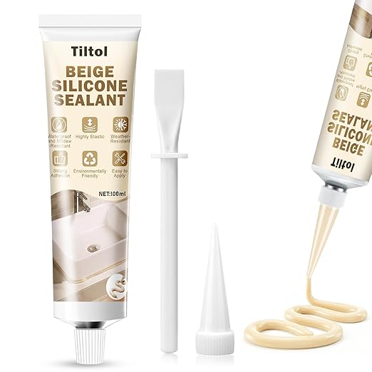 Beige Silicone Caulk Sealant - Sealant for Filling and Repairing Gaps in Sinks, Bathtubs, Shower Stalls, Toilet Bases, and Tile Joints
