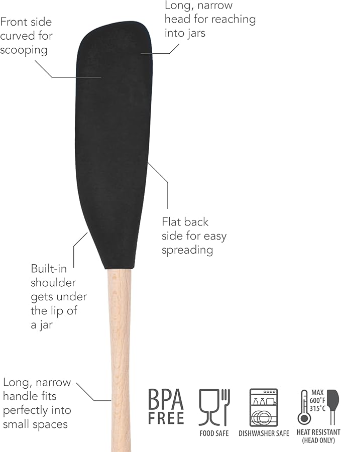Tovolo Flex Core Jar Scraper With Wood Handle Long Silicone Spatula For Peanut Butter Jelly Jars, Heat Resistant BPA Free Long Handle Jar Spatula for Scraping Spreading Black
