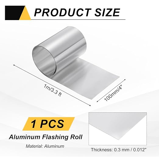 uxcell Aluminum Flashing Roll, 4in x 3.3ft Metal Roof Panels 0.3mm Waterproof Aluminum Sheet Roll for House Repair, Roof Flashing, Sealing Windows Doors, DIY Projects
