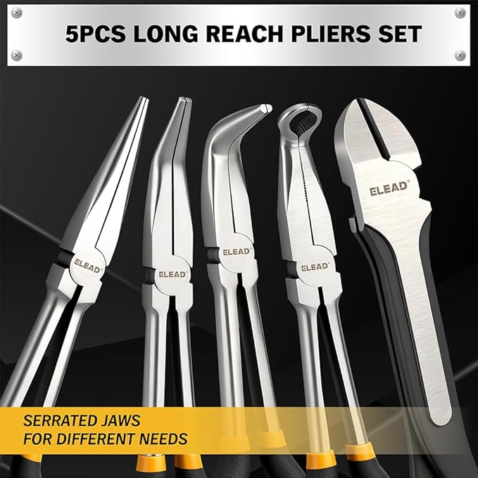 5-Piece 11 Inch Long Needle Nose Pliers Set with 4 Magnetic Plier Racks, Extra Long Reach Pliers Set, 45° & 90° Bent Needle Nose Pliers, Circle Nose and Diagonal Pliers for Tight Spaces