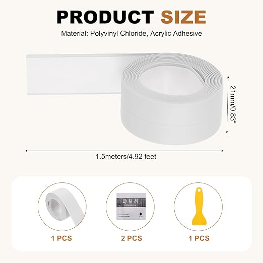 uxcell Caulk Tape Waterproof, 0.83 Inch x 4.92 ft Self-Adhesive Sealant Sealing Strip Caulking Sealant Tape PVC with Tool for Kitchen Sink Toilet Bathroom Bathtub Floor, White