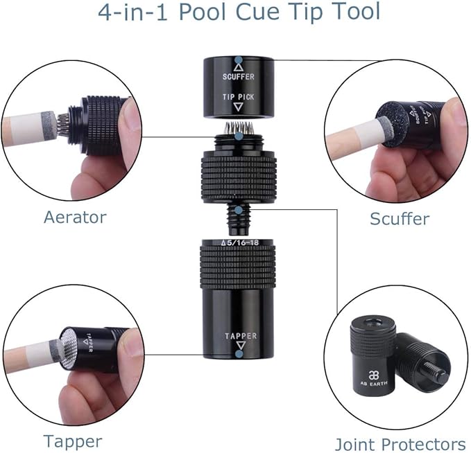 Aluminum 4-in-1 Billiard Pool Cue Tip Accessory Tool Repair Kit (Scuffer, Aerator, Tapper, Joint Protector)