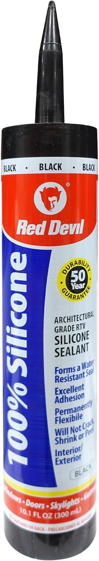 Red Devil 081660 100% Silicone Architectural Grade RTV Sealant, A Water-Resistant Adhesive for Interior and Exterior Use, 10.1 oz. Tube, Black, 1-Pack