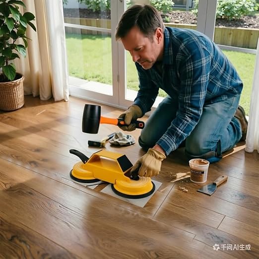 Floor Gap Fixing Tool, with Dual Heavy Duty 45°Striking Surface, Enhanced Suction Cups, 6X Sticky Pads, Rubber Mallet, Hook Tool, Works for Laminate, Vinyl, LVP, Wooden, Hardwood, Floor