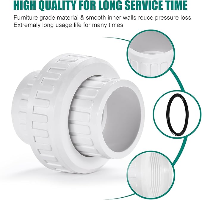 VYH 2" PVC Union Coupling Pipe Fitting,2" PVC Slip Union Schedule 40, PVC Adapter(Socket x Socket), built-in EPDM O-Ring, White （2 Pack）