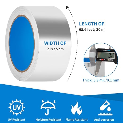 Thicker Silver Aluminum Foil Tape for Ductwork, 2-inch x 65 Feet, 3.9 mils High-Temperature Sealing & Patching, Heavy Duty HVAC Tape for Air Ducts Vents, Metal Repair, Exhaust Pipe, AC Dryer, Furnace