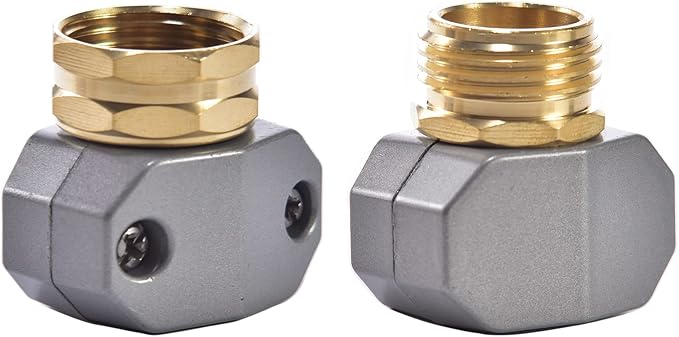 Garden Hose Repair Connector Fitting, Brass Mender Female and Male Hose End Connector with Zinc Clamp, Fit 5/8-Inch and 3/4-Inch Garden Hose, 2 Sets