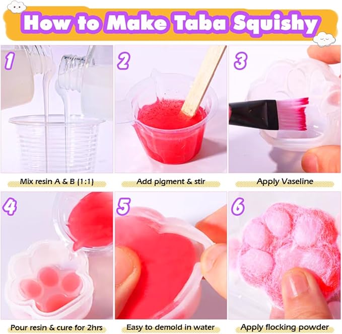 FUNSHOWCASE Taba Squishy Kit Set Liquid Gel+3" Paw Silicone Mold+Flocking