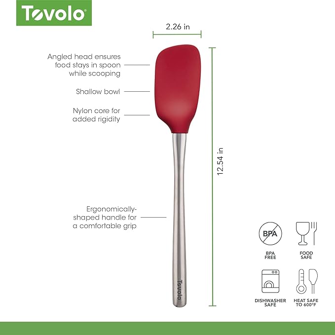 Tovolo Spoon Spatula Spoonula with Stainless Steel Handle Ergonomic Grip Cayenne Red, Silicone Scoopula Kitchen Utensil Non Scratch Easy Clean Dishwasher Safe Heat Resistant Flex Core Scoop Spatula