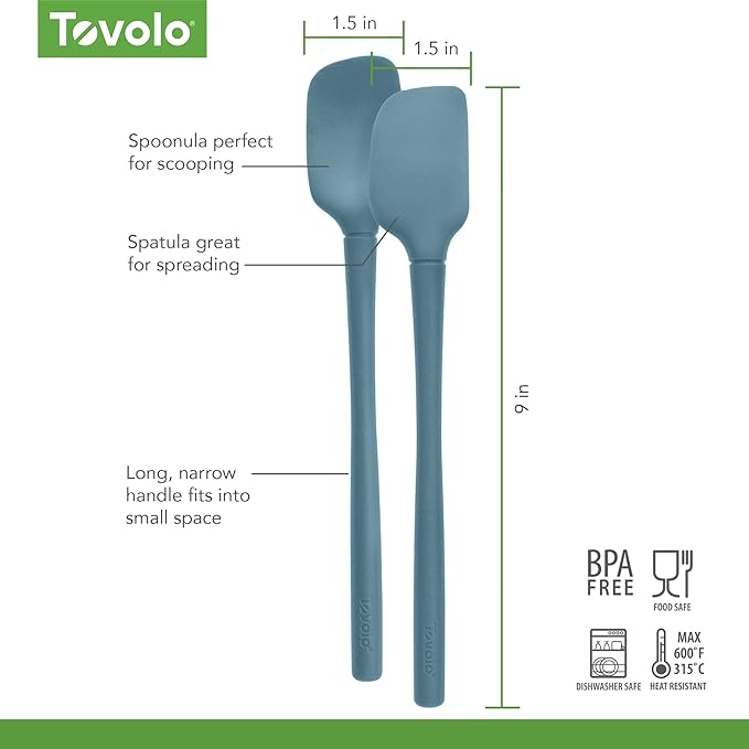 Tovolo Flex Core Mini Silicone Spatula Spoonula Set of 2 for Cast Iron Non Stick Cooking & Baking, Dishwasher Safe Spatula & Spoonula All Silicone Heat Resistant BPA Free Kitchen Utensil, Blue Slate