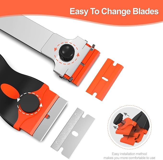 Ywmoml 3 Pack Razor Blade Scraper Set, Includes 30 Plastic & 30 Metal Blades, Multi-Purpose Tool for Glass, Cooktop, Sticker Removal, Paint & Gum Cleaning (Orange)