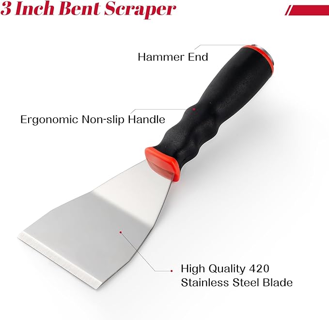 Mister Rui Bent Heavy Duty Scraper, 3 Inch Bent Scraper, Stainless Steel Putty Knife with Hammer End, Spackle Knife with Soft Grip Rubber Handle, Paint Scraper Tool for Wood