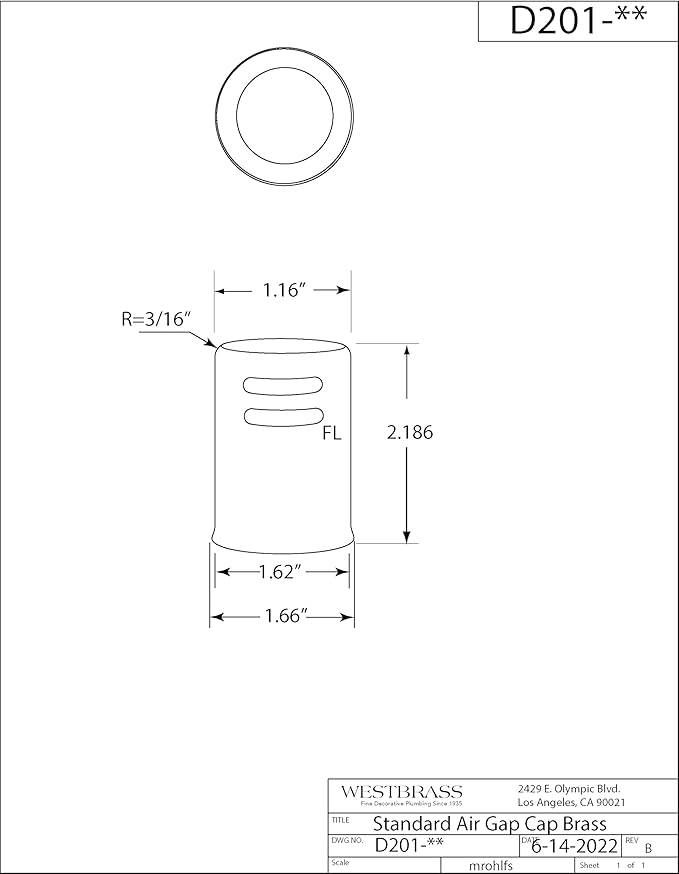 Westbrass D201-62 1-5/8" x 2-1/4" Soild Brass Air Gap Cap Only, Non-Skirted, Matte Black
