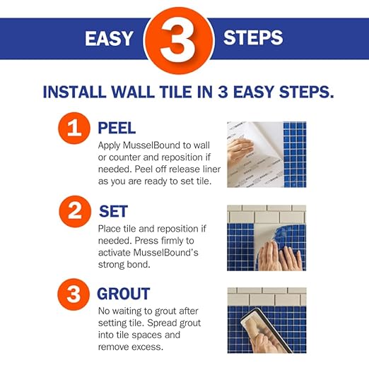 MusselBound® Adhesive Tile Mat with Spacers - a Strong Double-Sided Adhesive that Replaces Messy Mortar. Clean, Easy, No-Stress Way to Install Real Wall Tile. Lower Total Cost Than Peel & Stick Tiles