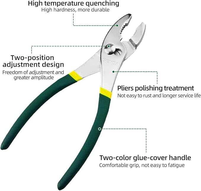 SENDA 8 Inch Slip Joint Pliers, Heavy Duty Carbon Steel, Non-Slip TPR Rubber Grip Handle, 3-Zone Serrated Jaw, Rust Resistant Finish, Adjustable for Home & Industrial Repair