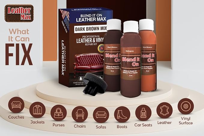 Blend It On Extra Large Leather Repair Kit, 6 Full Ounces for Furniture, Jacket, Sofa, Car Seat, Boots, Easy Instructions to Match Colors, Restore Any Material No Mixing Chart Needed (Bold Browns)