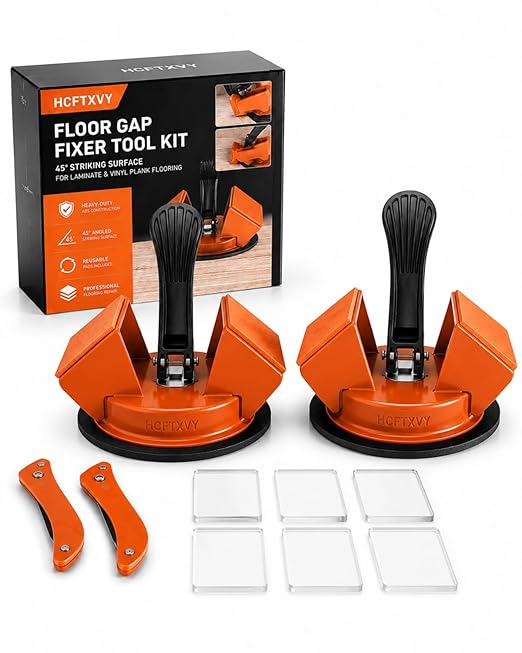 Floor Gap Fixer Tool 45° Striking Surface Pro, Laminate Flooring Repair Suction Cup Vinyl Plank Heavy Duty Iron Grabber Reusable Kit with Sticky Pads Cutter for Wood Tile Lvp Floating(#A-2pcs)
