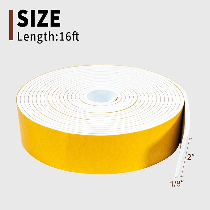 Yotache White Foam Rubber Seal Strip Tape 2" x1/8", Adhesive Closed Cell Foam Weather Stripping Tape, Total 16 Feet Long