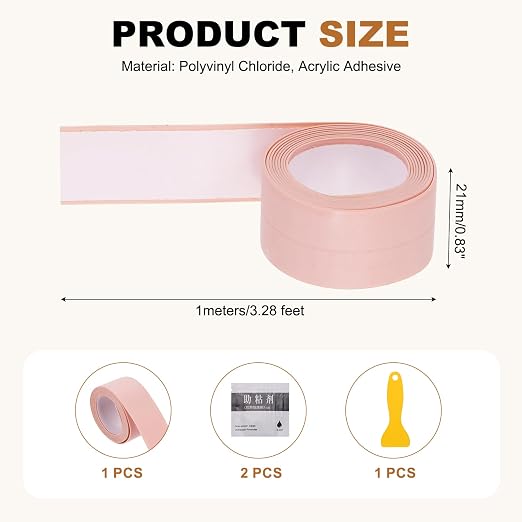 uxcell Caulk Tape Waterproof, 0.83 Inch x 3.28 ft Self-Adhesive Sealant Sealing Strip Caulking Sealant Tape PVC with Tool for Kitchen Sink Toilet Bathroom Bathtub Floor, Pink