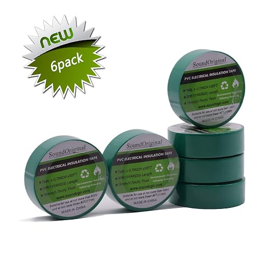 Electrical Tape 6 Pack 3/4-Inch by 30 Feet, Voltage Level 600V Dustproof, Adhesive for General Home Vehicle Auto Car Power Circuit Wiring Green (30Ft Green)