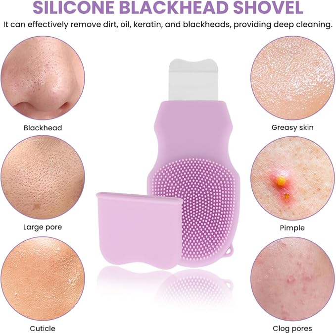 Blackhead Remover Tool for Face and Nose, 2 in 1 Silicone Face Cleansing Brush and Stainless Steel Blackhead Scraper Spatula, Mask Applicator for Men and Women(Purple)