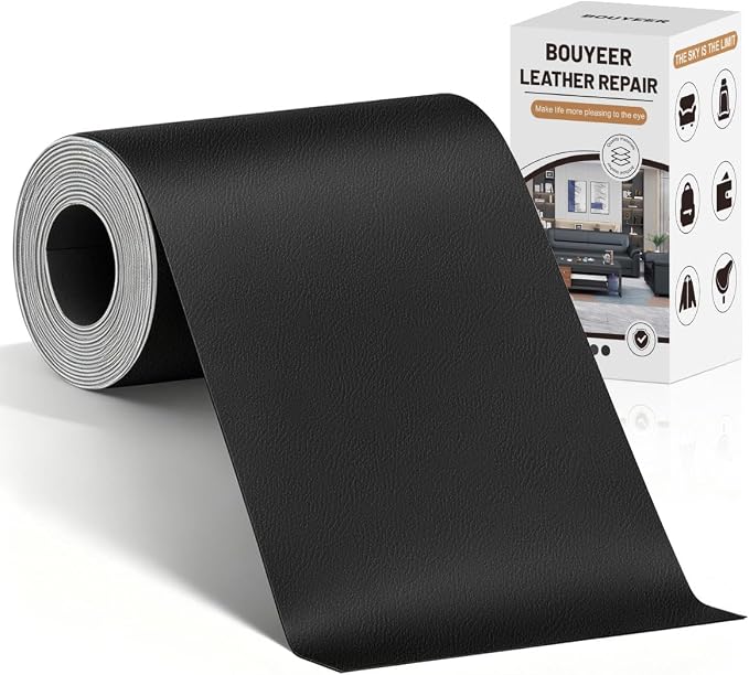 BOUYEER Leather Repair Patch Tape Kit,Self Adhesive Leather Repair for Sofa，Car Seat,Office Chair,Furniture,Jacket,Waterproof Strong Adhesive Vinyl Repair Kit. 4 in x 79 in,Fine Grained Black