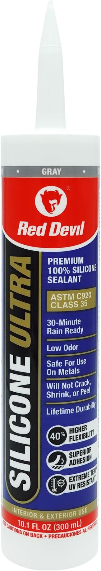 Red Devil 078050 Silicone Ultra 100% RTV Silicone Sealant, 10.1 oz., Gray, 1 Pack