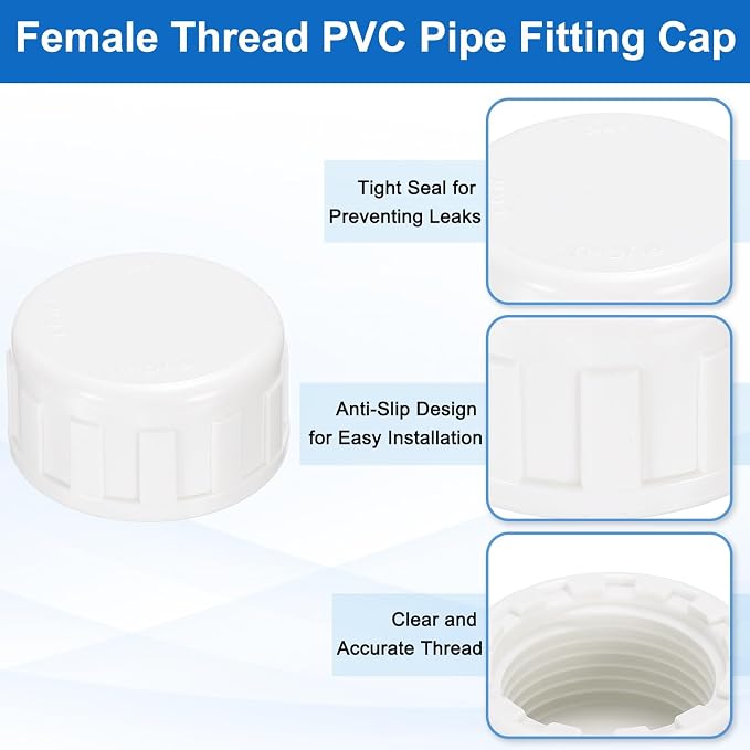 uxcell 5Pcs 3/4 Inch PT Female Thread PVC Pipe Fitting Cap, Cleanout Water Drain End Caps, Pipe Plug Socket Fittings with Tape for Water Heater Supply Lines, Plumbing, White