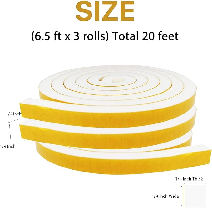 Weather Stripping Door Seal-3 Rolls, 1/4 Inch Wide X 1/4 Inch Thick Total 20 Feet Long, Foam Seal Tape for Window Insulation(6.5ft x 3 Rolls)