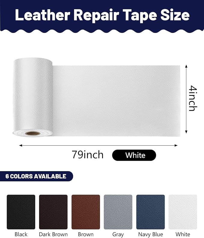 BOUYEER Leather Repair Patch Tape Kit,Self Adhesive Leather Repair for Sofa，Car Seat,Office Chair,Furniture,Jacket,Waterproof Strong Adhesive Vinyl Repair Kit. 4 in x 79 in,Fine Grained White