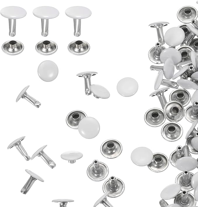 HARFINGTON 100 Sets Double Cap Leather Rivets, 10x10mm Round Cap Tubular Metal Studs Leather Crafting Rivets for Fabric Belt Pet Collar Boot Bag Repair and Decoration, White