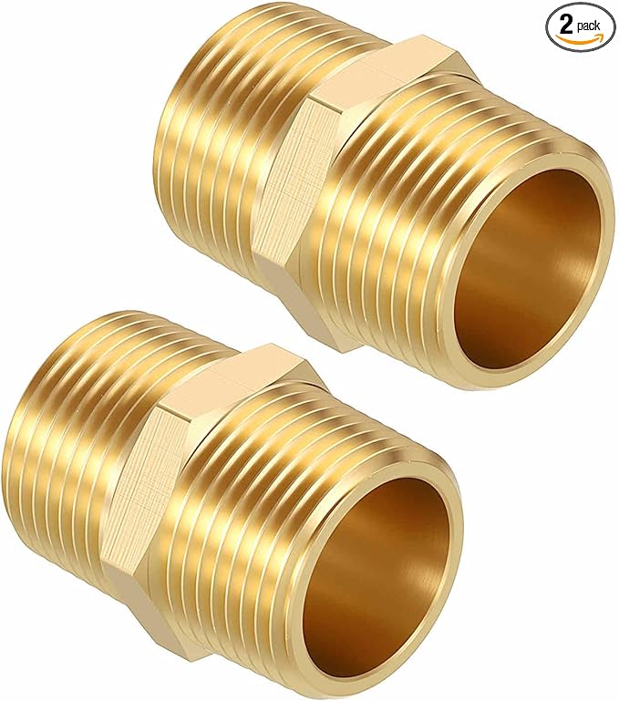 Pack of 2, 3/4" MNPT To 3/4" MNPT Solid Brass Hex Nipple Hose Connectors W/Sealing Tapes, Male Pipe Adapter for Pipe Leak Repair, Bathroom Remodeling, Tool Extension, Compression