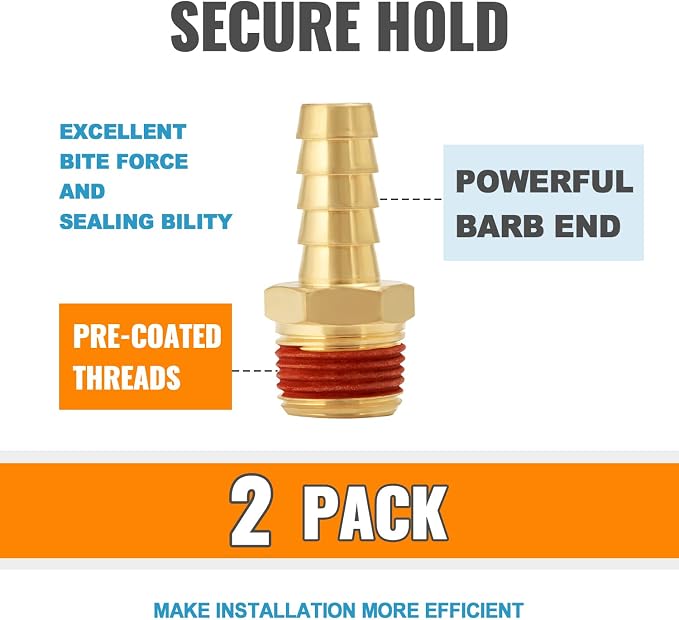 SUNGATOR 2-Pack 3/16" Barb to 1/8" NPT Air Hose Fittings, Brass Air Hose Repair Kit with Sealant, 3/16" to 1/8" NPT Male Brass Fittings, Barbed Gas Line Repair Connectors