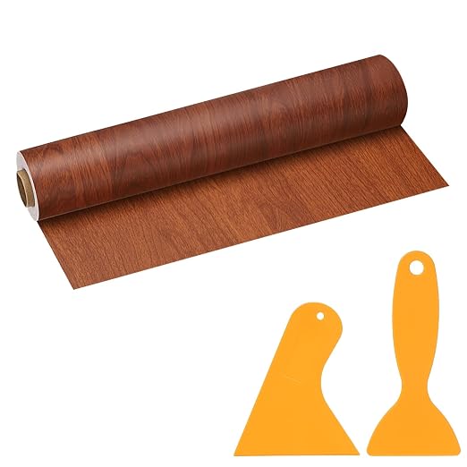 PATIKIL Wood Grain Repair Tape, 12" x 33' Self Adhesive Realistic Wood Tape with Scraper Durable Repair Patch for Furniture Floor Window Door Table DIY Home Decor, Brown Wood Grain