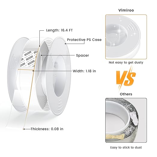 vimiroo 3 Pack Double Sided Tape Heavy Duty, Extra Large16.4FT Nano Double Sided MountingTape, Transparent Strong Removable Adhesive Picture Hanging Strips, Wall Tape Sticky Poster Carpet Decor