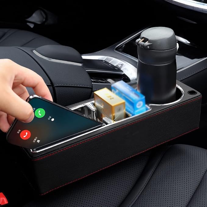 PU Leather Car Seat Gap Filler,Universal Car Seat Organizer Multifunctional Car Cup Holder Gap Filler Storage Box Console Side Pocket Car Organizer for Phones Sunglasses,USB Style,Black