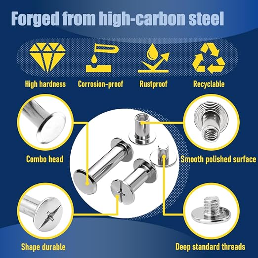 170 Sets Silvery Chicago Screws Leather Rivets Kit, 8 Sizes (M5*4,5,6,8,10,12,15,18) & 3 Screw Lengths (M4*3,4,5) for Belts, Bookbinding, DIY Leather (Silvery)