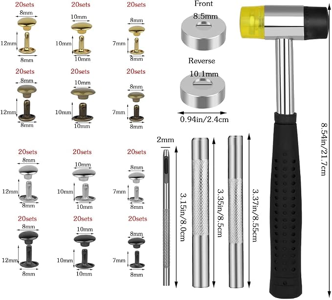 TLKKUE 240 Sets Rivets for Leather 3 Sizes Double Cap Rivets Tubular 4 Colors Leather Rivets with Rubber Hammer Fixing Tool Kit 4 Pieces for DIY Leather Craft Clothes Shoes Decoration and Repair