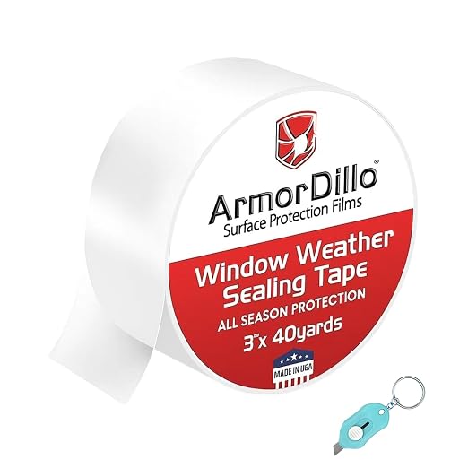 ArmorDillo Transparent Window Weather Sealing Tape, w Free Utility Knife, 3 inch X 120FT (40 YDS) - Clear Weather Stripping Tape, Draft Isolation & Insulation, No Residue, for Windows, Doors, AC & RV