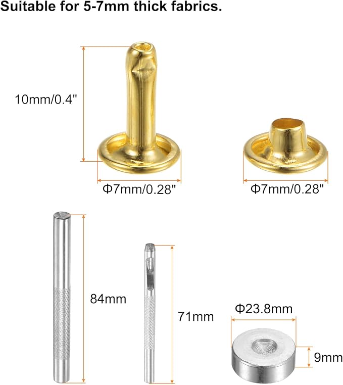 HARFINGTON 100 Sets Leather Rivets 10 x 7mm Metal Double Cap Rivet Snaps Studs Fasteners with 3pcs Setting Tools Rivets for Leather Craft DIY Repair Decoration, Gold Tone