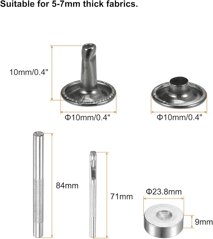 HARFINGTON 100 Sets Leather Rivets 10 x 10mm Metal Double Cap Rivet Snaps Studs Fasteners with 3pcs Setting Tools Rivets for Leather Craft DIY Repair Decoration, Gunmetal