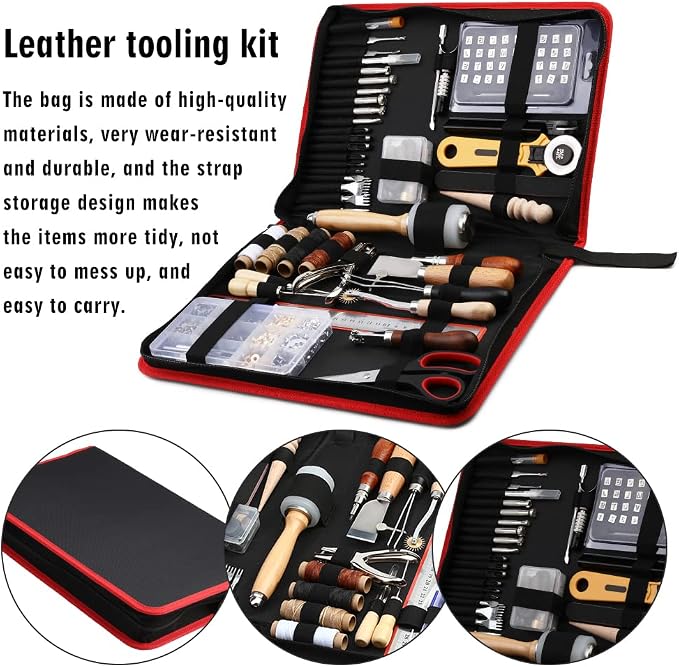 TLKKUE Leather Working Kit - Beginner's Leather Crafting Tool with Storage Bag, Leatherworking Tooling Kit for Sewing, Carving, Punching, Cutting, Stamping Tools