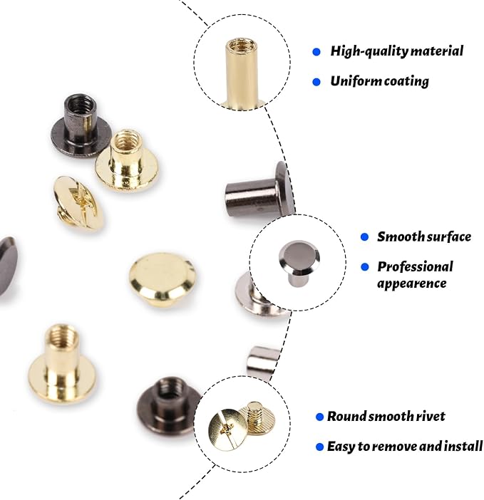 110 Sets Chicago Screws Leather Rivets, 6 Sizes (M5*4,5,6,8,10,12) Binding Screws for Leather Craft Belt Bookbinding DIY Repair (Gold & Silver)