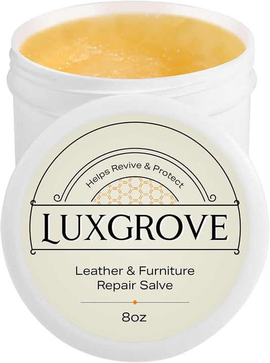 LUXGROVE® Wood & Leather Furniture Repair Salve, Conditioning Balm for Couches, Car Seats, Tables, Cabinets, Doors, Shoes, Purses, Boots & Saddles, Helps Revive Dry, Dull & Scuffed Surfaces, 8oz