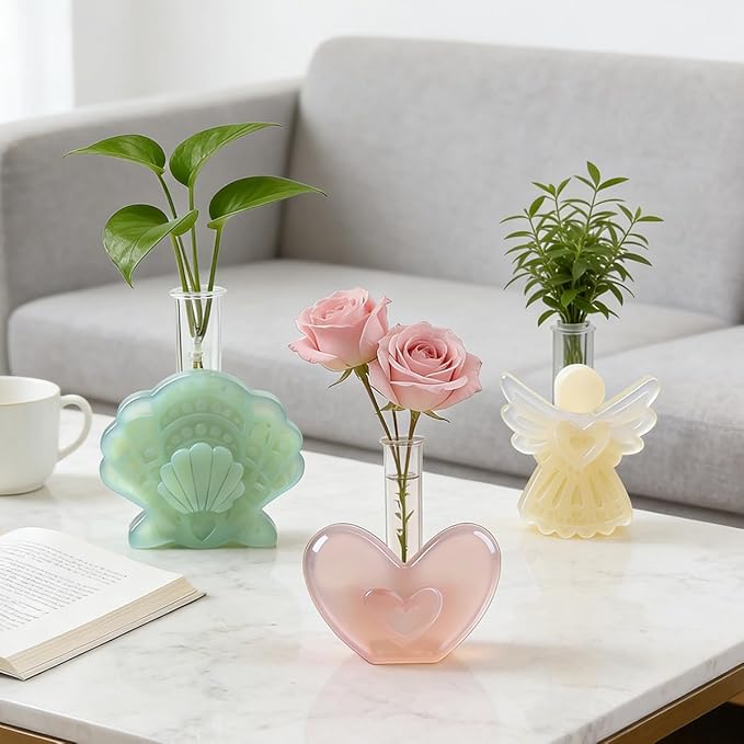 DLAND 3 Piece Silicone Vase Molds for Resin Casting, Includes Angel, Heart, Shell Epoxy Resin Molds, with 8 Test Tubes, Reusable Epoxy Molds for Flowers Display, Home Decoration & DIY Crafts