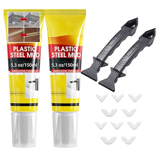 XIRUJNFD 10.6 Oz Multifunctional Waterproof White Caulk with Scraper, Plastic Steel Repair Adhesive for Kitchen Bathroom, Stronger Adhesion Sealant for Window Toilet Sink, Quick-Drying (2 Sets)