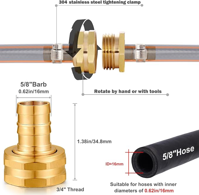 Solid Brass Garden Hose Repair kit Connector with Stainless Steel Clamps, Male Adapter/Female Garden Hose Swivel Fitting… (5/8" Barb x 3/4" Female -2 Sets)